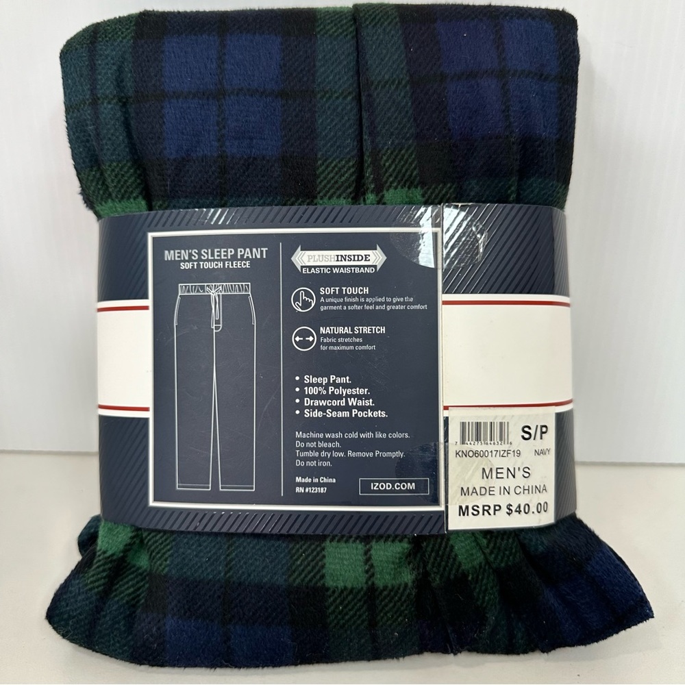 IZOD Men’s Sleep Pants Fleece Soft Blue Green Plaid Drawstring Pockets L… - Picture 3 of 7